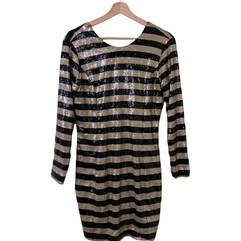 Mango Black & Gold Sequin Dress w/ Long Sleeves | Sequin Bodycon Party Dress